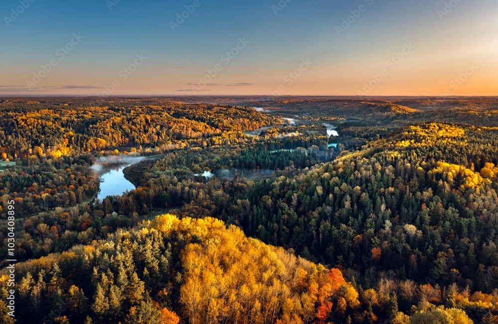 Colorful sunrise over the Gauja National park valley. Sigulda city panorama from drone with forest in autumn colors.