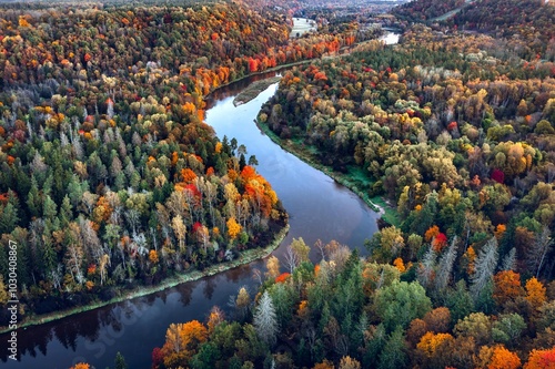 Colorful sunrise over the Gauja National park valley.  Sigulda city panorama from drone with forest in autumn colors.