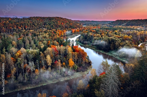 Obraz na płótnie Colorful sunrise over the Gauja National park valley. Sigulda city panorama from drone with forest in autumn colors. w salonie