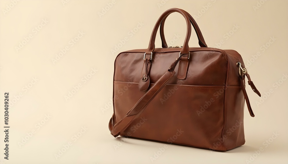 Naklejka premium A brown leather briefcase on a beige white background