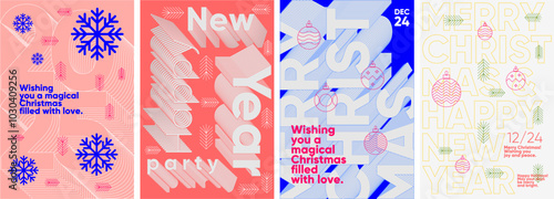Collection of four vibrant and geometric Christmas and New Year posters with bold typography and festive icons.
