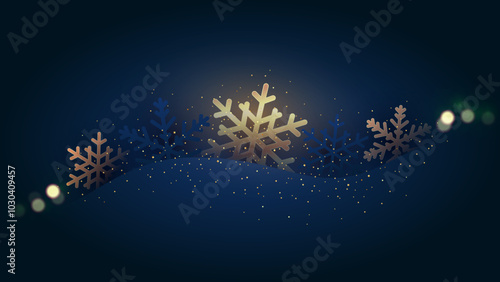 Christmas background with snowflakes and gold dust. Dark navy winter banner