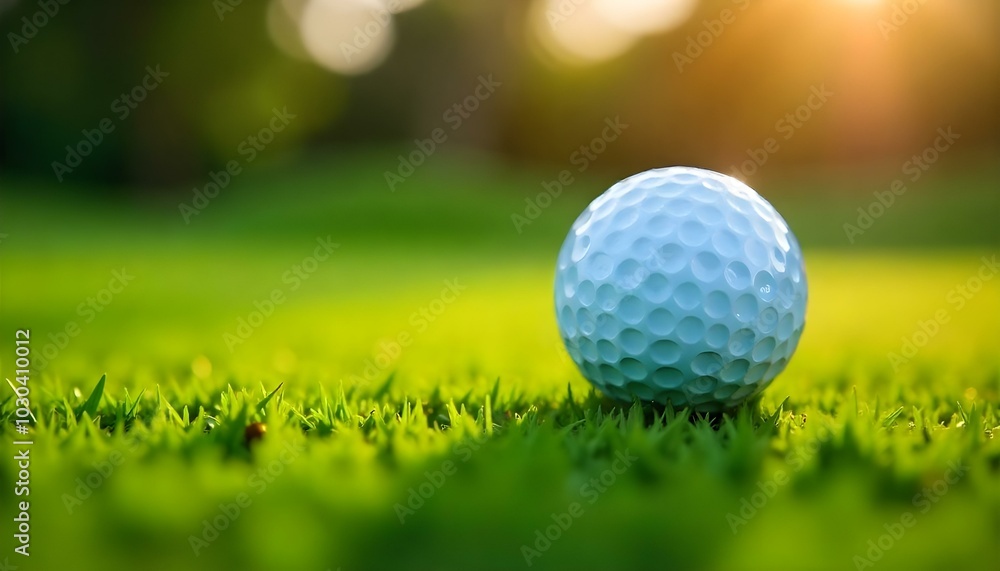A white golf ball resting on green grass with a blurred background A white golf ball resting on green grass with a blurred background