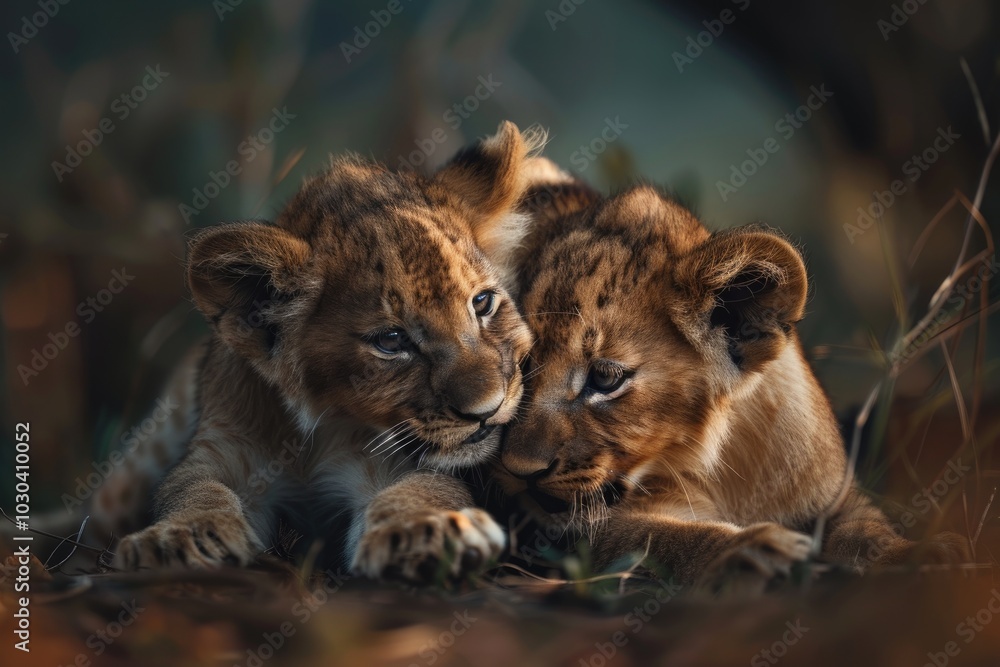 Naklejka premium Two lion cubs playing together in an African savannah background, with high resolution photography.