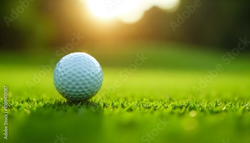 A white golf ball resting on green grass with a blurred background