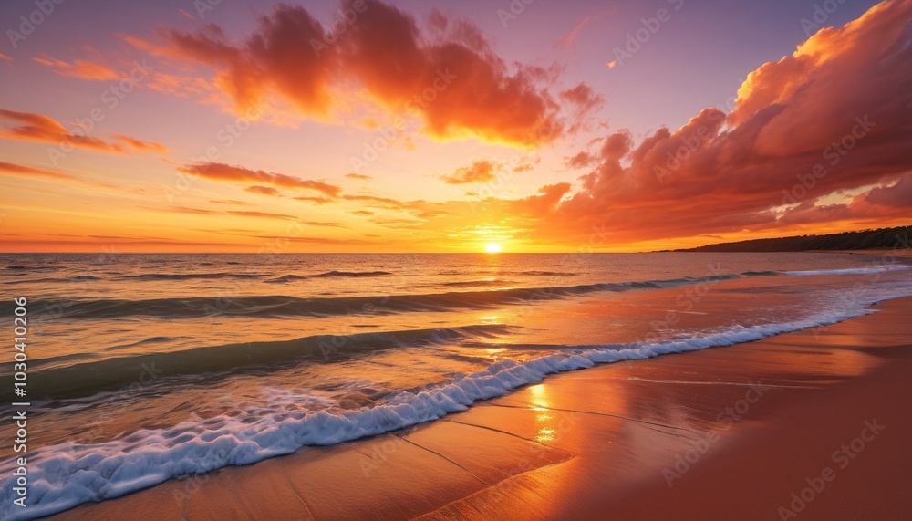 Naklejka premium A stunning sunset over a tranquil beach casts warm hues across the sky, inviting everyone to pause and appreciate nature's breathtaking beauty, Generative AI