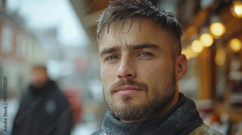 A young man with snow on his hair and beard looks directly at the camera while standing in the city. A young man with snow on his hair and beard looks directly at the camera while standing in the city.