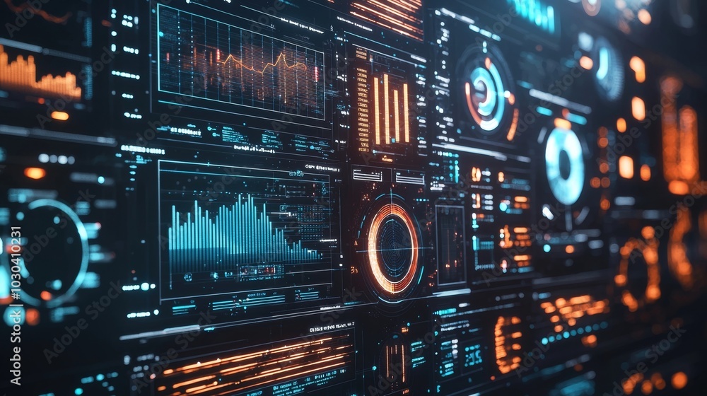 Obraz premium Glowing Futuristic Interface with Holographic Data Visualization for Advanced Analytics and