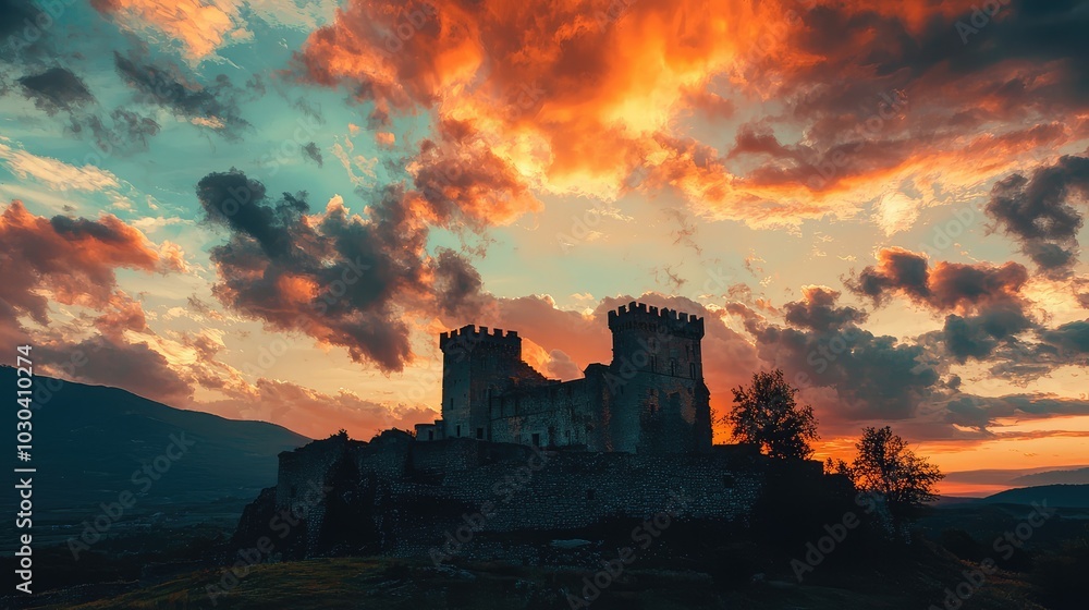 Obraz premium Dramatic Sunset Over Ancient Castle Landscape