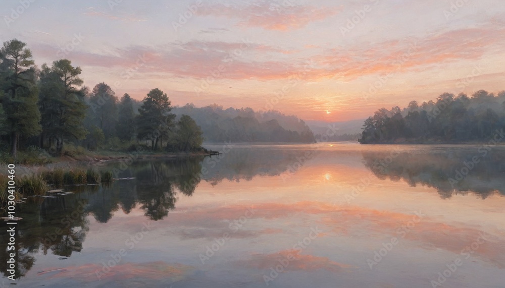 A serene lakeside at dawn reflects the soft hues of sunrise, inviting mindfulness and tranquility in nature's embrace, Generative AI A serene lakeside at dawn reflects the soft hues of sunrise, inviting mindfulness and tranquility in nature's embrace, Generative AI