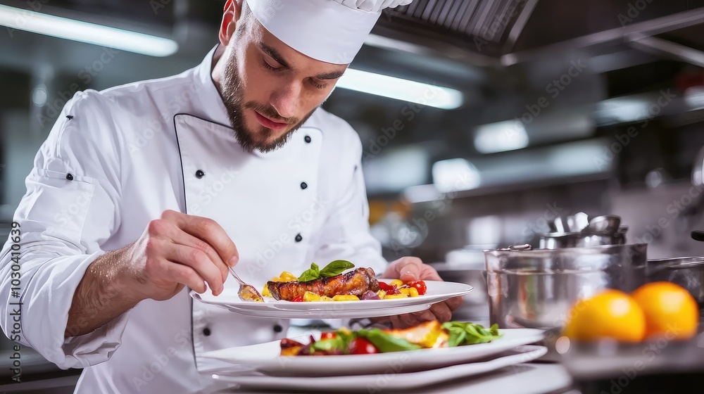 Chef Plating Food with Care and Precision in Kitchen Chef Plating Food with Care and Precision in Kitchen