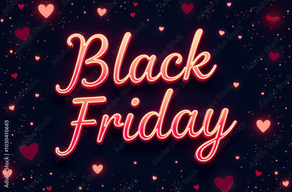 The inscription is black Friday in uppercase orange-pink letters on a dark background with small red and pink hearts and dots. The inscription is black Friday in uppercase orange-pink letters on a dark background with small red and pink hearts and dots.