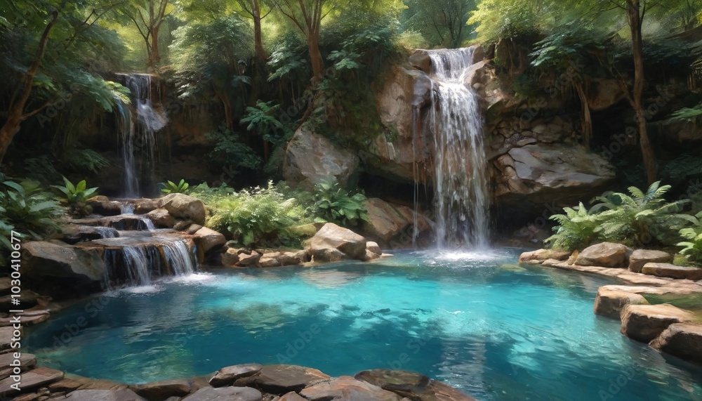 Naklejka premium A soothing waterfall cascades into a crystal-clear pool, creating a harmonious environment that encourages relaxation and mindfulness, Generative AI