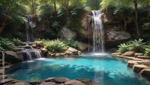 A soothing waterfall cascades into a crystal-clear pool, creating a harmonious environment that encourages relaxation and mindfulness, Generative AI photo