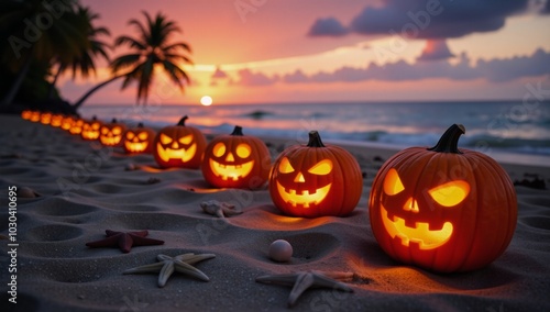 Pumpkin-filled Halloween beach scene with shells  starfish under a setting sun - ideal for event decoration and promotion materials with ample copy space photo