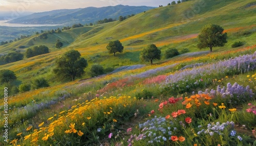 Wallpaper Mural A gentle rolling hillside covered in vibrant wildflowers inspires a sense of peace and joy, allowing visitors to connect with nature�s beauty, Generative AI Torontodigital.ca