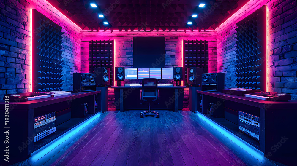 Modern music studio with soundproof walls bright lights and comfortable equipment Modern music studio with soundproof walls bright lights and comfortable equipment