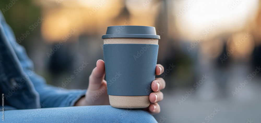 A person holding a grey cup while seated outdoors with a blurred urban background. The image focuses on the simplicity of the moment, showcasing a neutral-toned fashion choice in a casual setting. A person holding a grey cup while seated outdoors with a blurred urban background. The image focuses on the simplicity of the moment, showcasing a neutral-toned fashion choice in a casual setting.