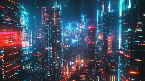 Vibrant neon cityscape in a futuristic metropolis under a starlit sky at dusk
