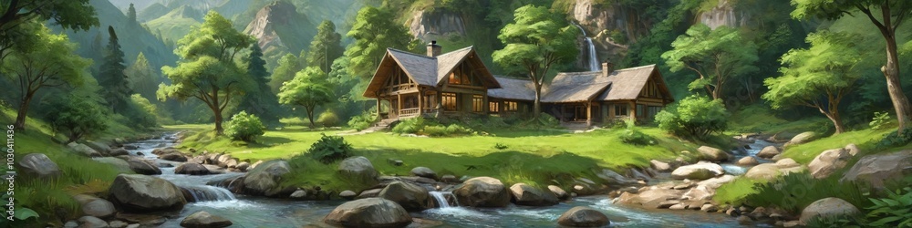 A peaceful mountain retreat surrounded by lush greenery and gentle streams encourages relaxation and contemplation in a natural setting, Generative AI