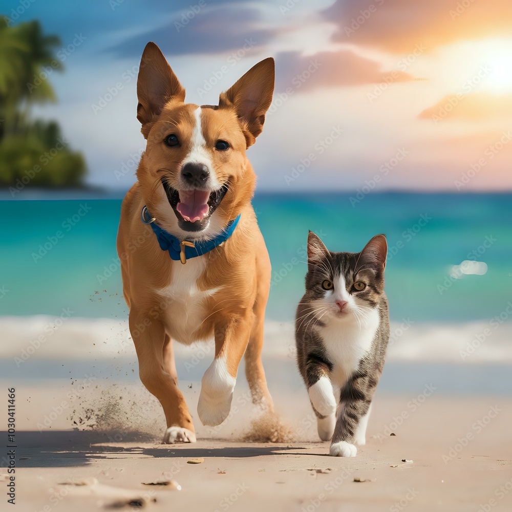 Dog and Cat Running on the Beach at Sunset Dog and Cat Running on the Beach at Sunset