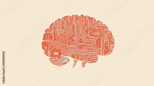 Abstract AI brain vintage art consisting of abstract circuit elements and a mix of muted colors into a data center, with a simple minimalist background photo