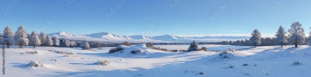 A peaceful snowy landscape under a clear blue sky creates a serene atmosphere, inviting quiet reflection and the beauty of winter's stillness, Generative AI A peaceful snowy landscape under a clear blue sky creates a serene atmosphere, inviting quiet reflection and the beauty of winter's stillness, Generative AI