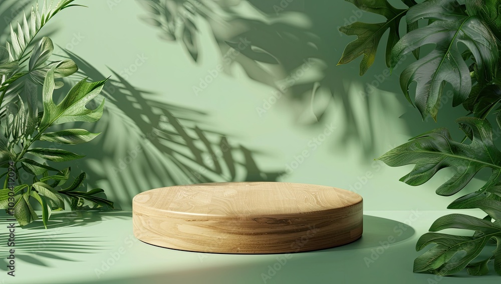 Wooden podium for product presentation on beige background with green leaf. Mockup of round wooden pedestal display for cosmetic Wooden podium for product presentation on beige background with green leaf. Mockup of round wooden pedestal display for cosmetic