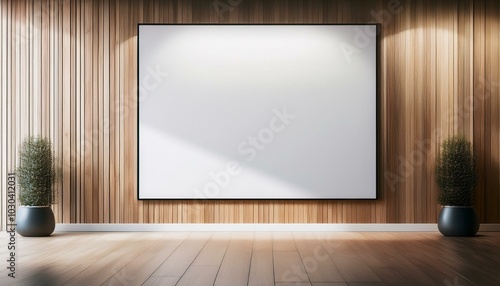 Modern gallery interior with large empty framed canvas on wooden wall. 3D Rendering