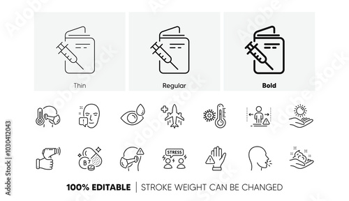 Vaccination passport, Social distance and Electronic thermometer line icons. Pack of Eye drops, Skin care, Thermometer icon. Medical flight, Medical mask, Face attention pictogram. Line icons. Vector