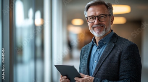 A man in a suit holding a tablet. He is smiling and he is happy. Concept of modernity and technology, as the man is using a tablet while dressed in a business suit