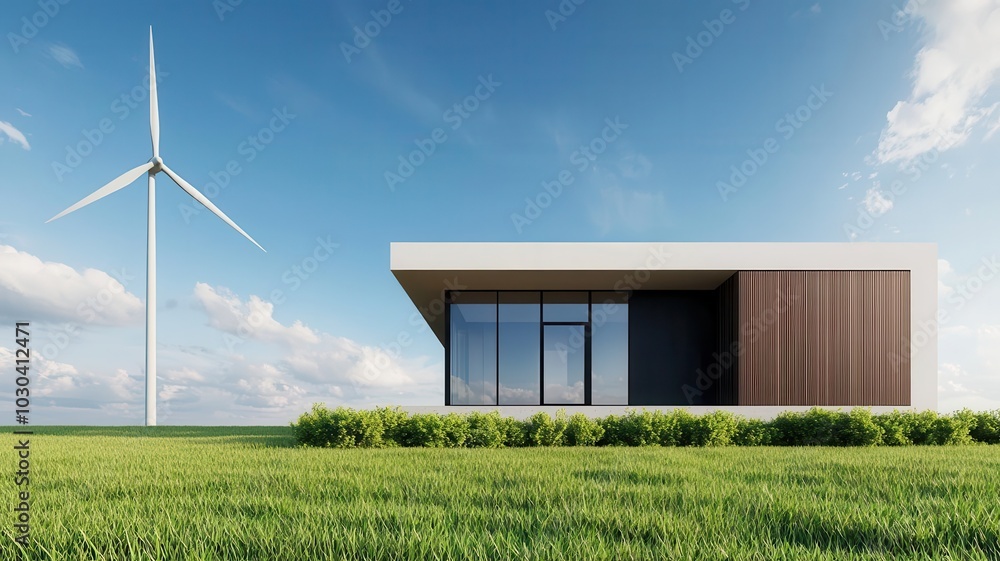 Zero energy minimalist home with a sleek, modern design, featuring wind turbines, solar panels, and eco friendly landscaping for a sustainable lifestyle Zero energy minimalist home with a sleek, modern design, featuring wind turbines, solar panels, and eco friendly landscaping for a sustainable lifestyle