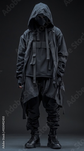 A person in a black hoodie and pants is standing in front of a black background. The person is wearing a black mask and has a black hood on their jacket. Scene is dark and mysterious