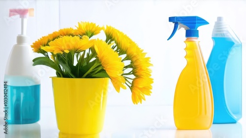 House cleaning product and flowers on white background, copy space. 