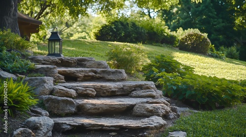 A winding stone staircase leads up a grassy hill in a park. The steps are made of rough, natural rocks.  A lantern sits among the green plants, adding a touch of light to the summer scene.