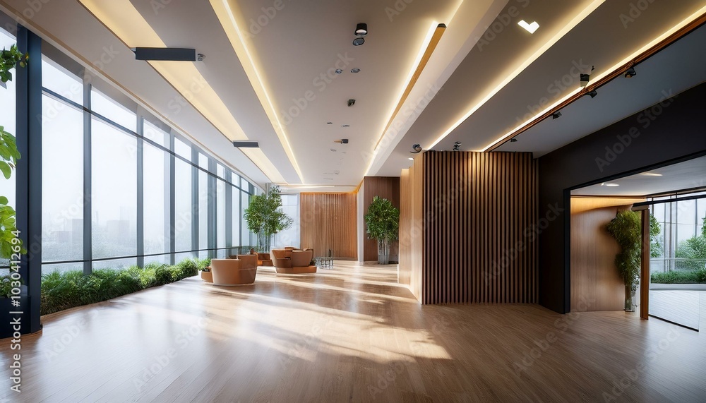 Modern office lobby with wooden finishes and large windows. 3D Rendering Modern office lobby with wooden finishes and large windows. 3D Rendering