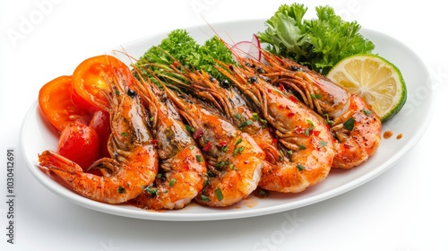 Delicious grilled shrimp served with fresh vegetables and lime on a white plate, perfect for seafood lovers.