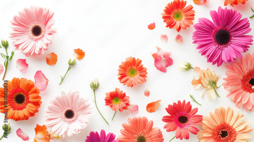 Colorful flowers floating gracefully with vibrant petals against a bright background in springtime Colorful flowers floating gracefully with vibrant petals against a bright background in springtime