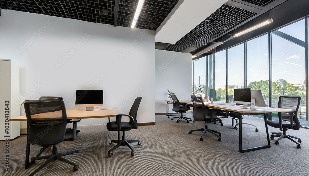 Modern office space with desks and chairs on the left, blank white wall for mockups on the right. Generative AI