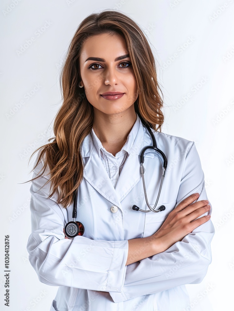 Portrait of successful female doctor, standing with arms crossed, isolated on white background. Portrait of successful female doctor, standing with arms crossed, isolated on white background.