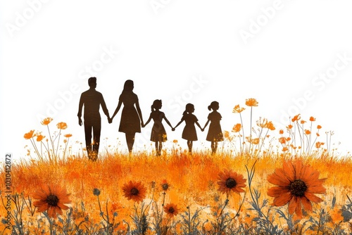 Silhouetted family of four walking through an orange tinted field at sunset symbolizing unity togetherness and the journey of life in a warm glowing natural setting photo