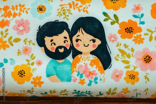 Hand painted portrait of a loving couple surrounded by bright floral patterns symbolizing love connection and warmth in a whimsical folk art inspired illustration