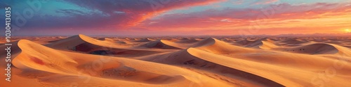 A futuristic desert where colorful dunes ripple under a multi-hued sunset, with advanced technology peeking through the sandy horizon, inviting curiosity, Generative AI