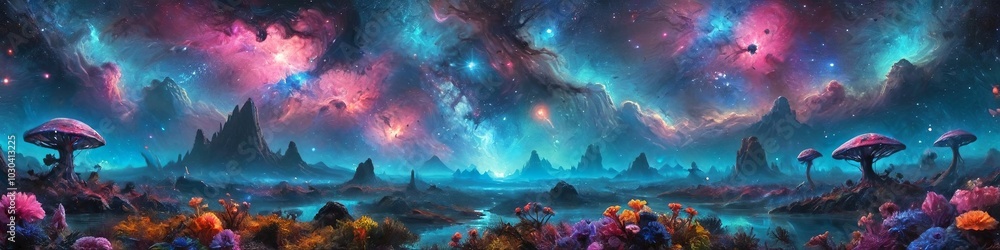 A surreal alien landscape filled with vibrant flora and bioluminescent creatures, framed by a shimmering nebula in the sky, creating a dreamlike atmosphere, Generative AI A surreal alien landscape filled with vibrant flora and bioluminescent creatures, framed by a shimmering nebula in the sky, creating a dreamlike atmosphere, Generative AI