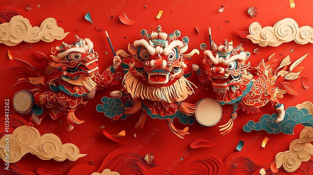 A vibrant red paper-cut style illustration of a Chinese New Year parade, featuring lively lion dance performers, drum players, and festive characters, surrounded by swirling cloud motifs and confetti, A vibrant red paper-cut style illustration of a Chinese New Year parade, featuring lively lion dance performers, drum players, and festive characters, surrounded by swirling cloud motifs and confetti,