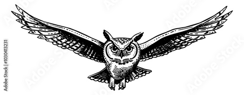 horned owl fly engraving black and white outline