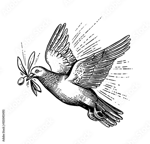 pigeon olive branch engraving black and white outline