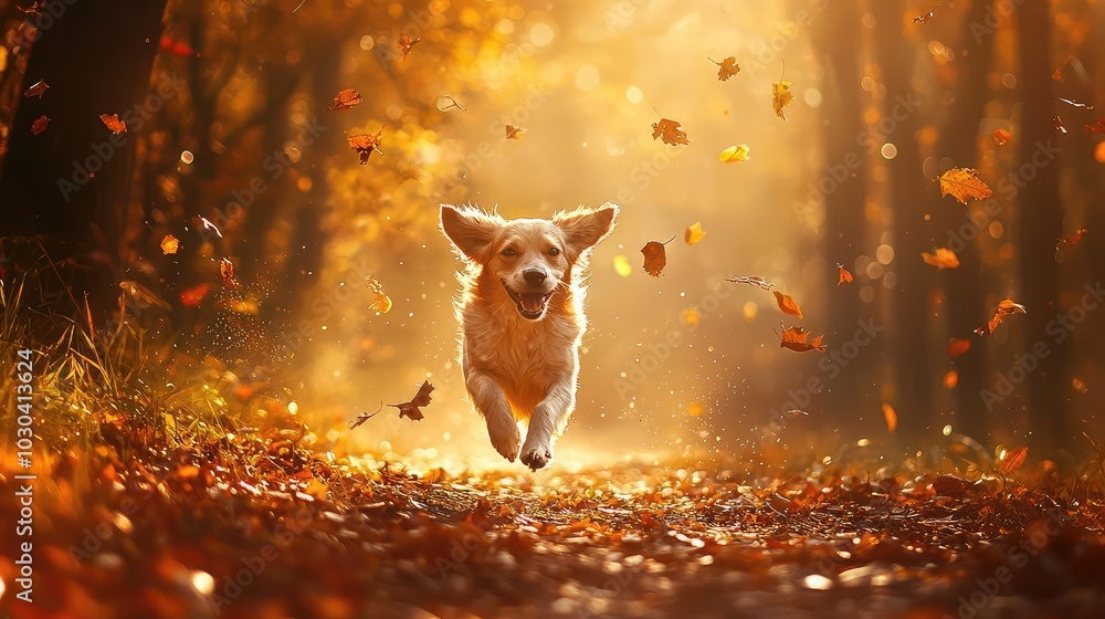 Fototapeta premium Joyful Dog Running on a Scenic Autumn Trail