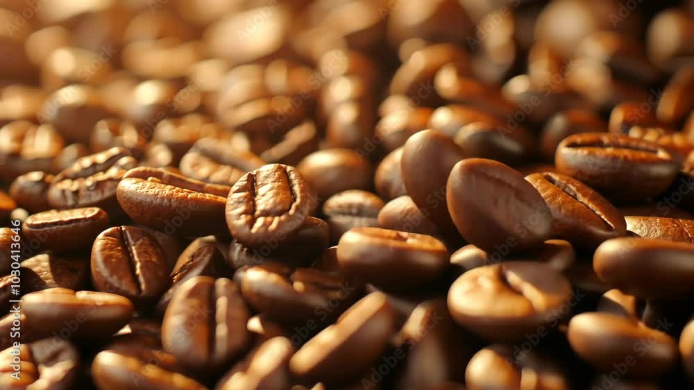 Roasted coffee beans in a close-up image Roasted coffee beans in a close-up image