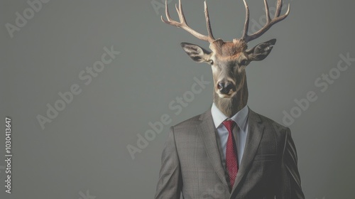 Deer in clothes. Business man in suit with tie with deer head on a solid color background in vintage style. photo